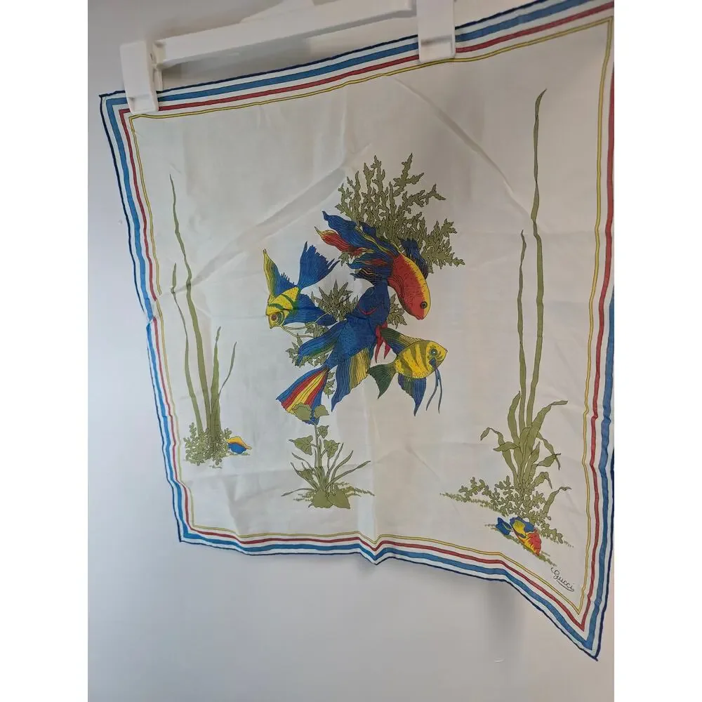 Gucci Scarf Fish Print Silk Square Bandana 18 x 18